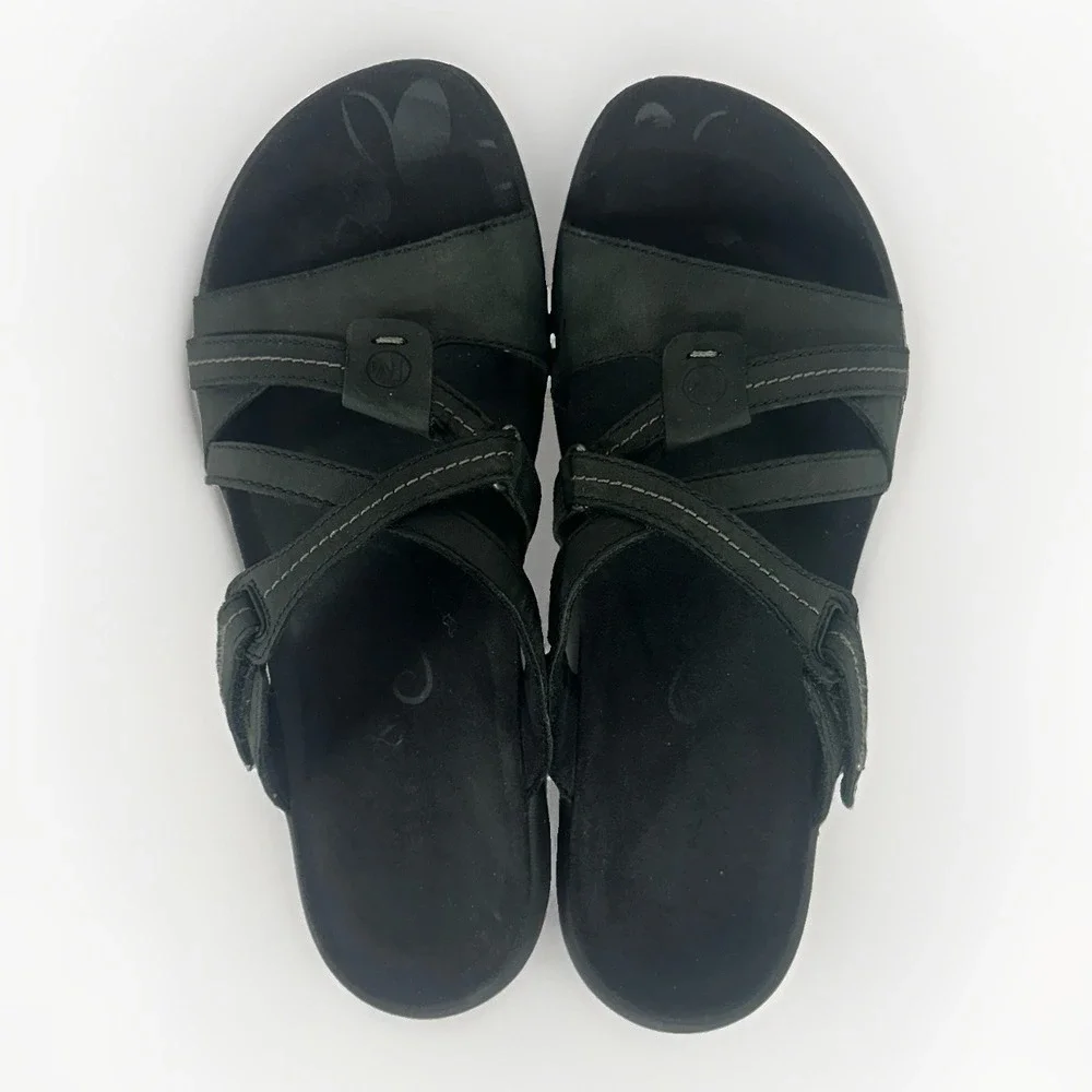 Merrell Womens 10 Black Leather Sport Sandals Adjustable Strap Comfort Walking